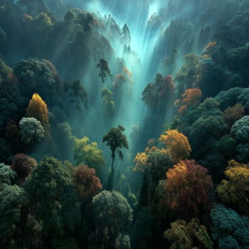 Aerial view of a vibrant forest filled with multicolored autumn trees and mist, as rays of sunlight pierce through the dense canopy creating a magical atmosphere.