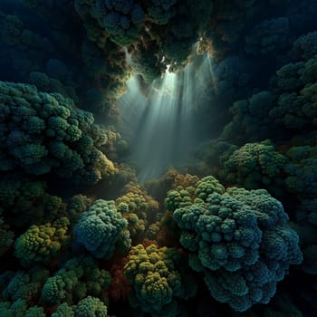 Surreal forest of fractal-like trees with dense colorful foliage and soft rays of sunlight piercing through a natural opening in the canopy above.