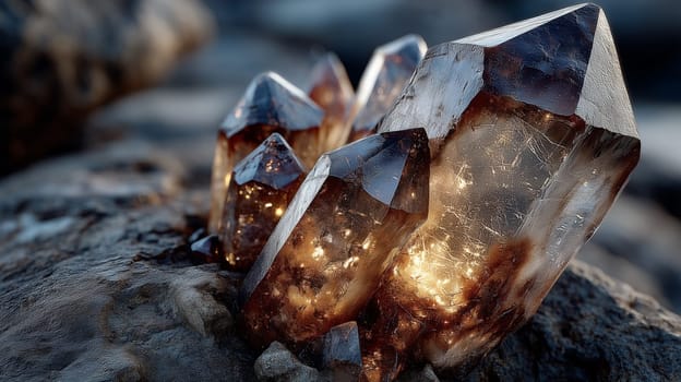 Macro photo of a smoky quartz cluster with glowing golden inclusions, featuring sharp crystal points and resting on a textured dark stone background.