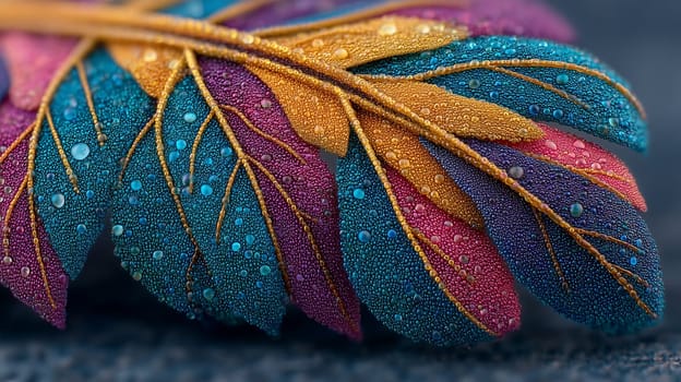 Vibrant multicolored leaf covered in dewdrops, captured in extreme macro. Detailed texture with blue, pink, purple, and gold hues.