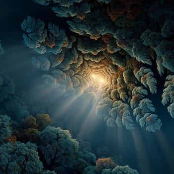 Abstract forest scene viewed from below, with fractal-like treetops forming a spiral canopy and warm glowing light breaking through misty sunrays.