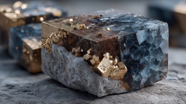 Close-up of a geometric crystal cube with embedded gold nuggets and layered textures of clear, dark, and rough stone on a natural rocky surface.