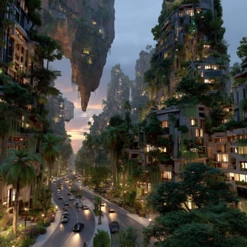 A futuristic urban street with lush vertical gardens, eco-buildings, palm trees, and a floating rock formation above, blending nature and technology.