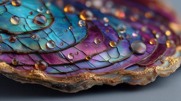 Close-up of a vibrant rainbow-colored mineral slice with iridescent layers, water droplets, and a textured golden rim. Abstract natural crystal detail.