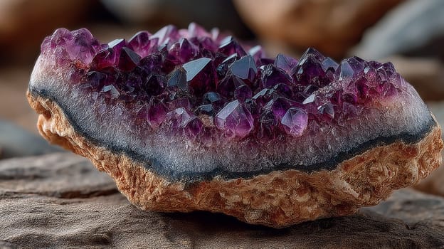 Macro shot of a raw amethyst geode showcasing deep purple crystal points and textured mineral layers, placed on natural stone. No people, earthy tones.