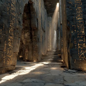 A mystical ancient stone corridor illuminated by beams of light, with glowing inscriptions carved into the walls, leading to an unknown destination.