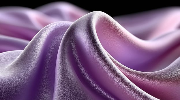 Close-up of silky lavender and pink satin with a smooth texture, forming elegant, undulating folds under soft light against a dark background.