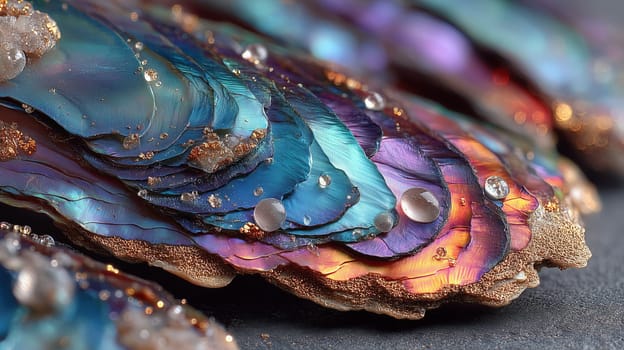 Close-up of a multicolored iridescent mineral with layered textures, water droplets, and rough golden edges. Abstract and luxurious crystal formation.