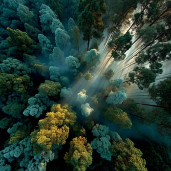 High-angle view of a vibrant forest with mist and sun rays streaming between tall trees, creating a serene, ethereal atmosphere at sunrise or sunset.