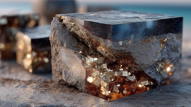 Close-up of a transparent mineral cube with embedded gold and pyrite crystals, partially surrounded by rough stone, on a textured rocky surface.