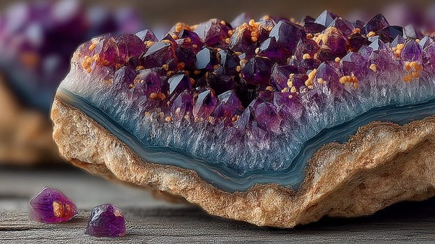 Macro image of a raw amethyst geode displaying sharp violet crystals, golden mineral inclusions, and layered rock texture. Two loose crystals in foreground.
