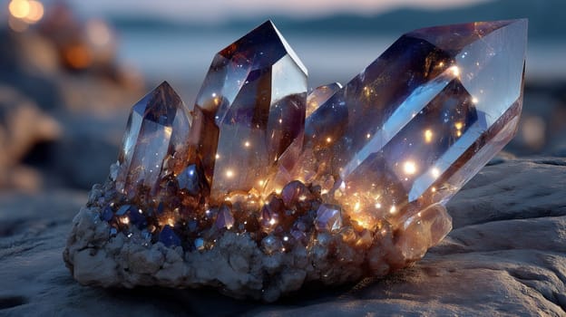 Close-up of a luminous quartz cluster with glowing golden inclusions and sharp facets, resting on a textured rock surface in a natural outdoor setting.