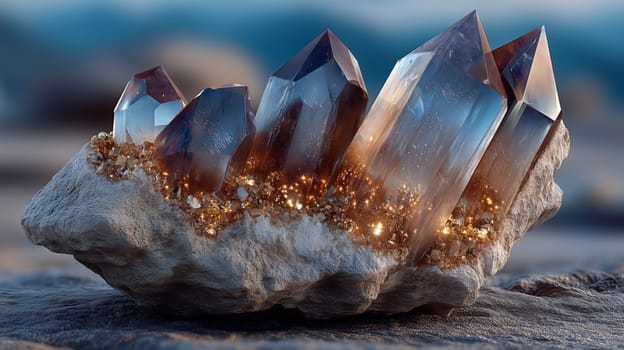 Close-up of a natural quartz crystal cluster with translucent points and glowing golden inclusions set on a rough stone base in a blurred outdoor setting.