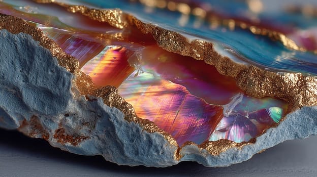 Macro shot of a vivid multicolored gemstone slice with iridescent crystal patterns and rough gold-edged borders. Abstract natural mineral texture.