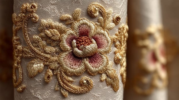 Close-up of intricate flower embroidery in gold and burgundy on fine lace fabric, showcasing detailed stitching, texture, and ornamental design.