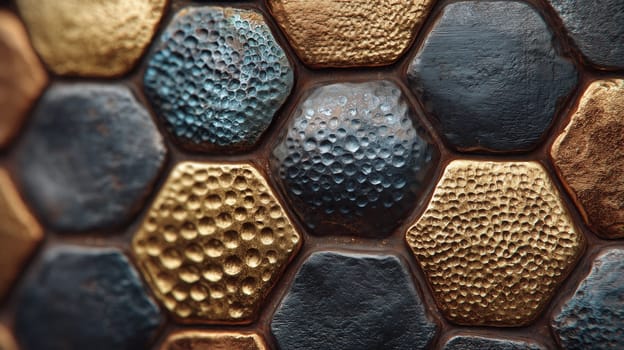 Close-up of hexagon-shaped metal tiles with hammered textures in gold, bronze, and dark blue hues. Abstract industrial design pattern.