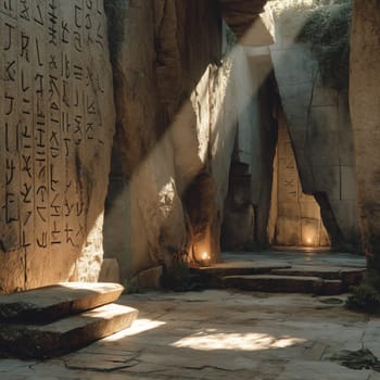 A mysterious stone chamber with carved ancient inscriptions and beams of light filtering through, creating a mystical atmosphere.