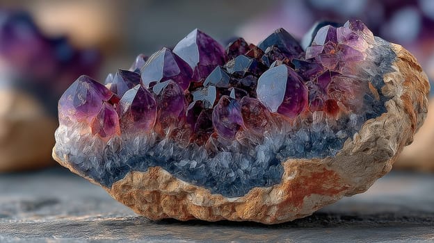 Detailed macro image of an amethyst geode featuring sharp purple and blue crystals emerging from a rugged brown stone. No people, studio lighting.