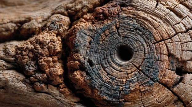 Detailed close-up of a weathered tree trunk with visible cracks, circular growth patterns, and aged texture, showcasing the natural beauty of wood.