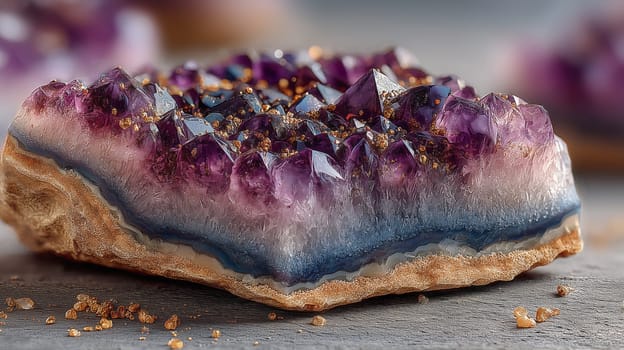 Close-up of a natural amethyst geode featuring sharp purple crystals, golden inclusions, and detailed banded layers in a studio setting. No people.