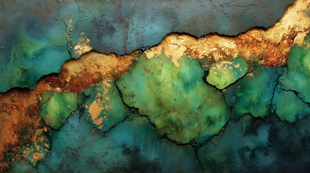 Abstract macro image of oxidized metal with cracked green patina and shimmering gold textures forming a vivid organic pattern.