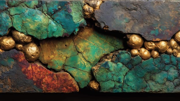 Abstract macro of a corroded metal surface with golden spheres embedded in cracked turquoise, green, and red patina textures.