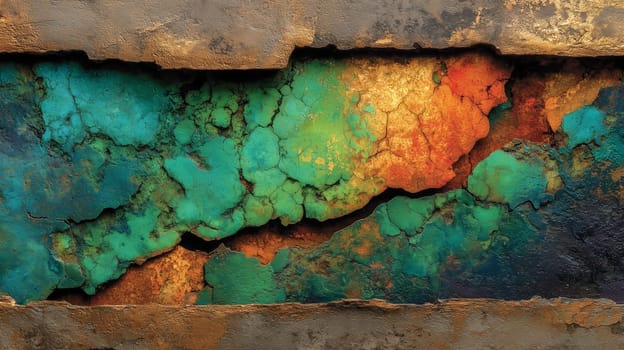 Abstract close-up of a weathered metal surface with cracked paint and vibrant corrosion in shades of turquoise, green, orange, and rust.