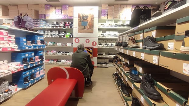 October 22 2024 Hradec Kralove, Czech Republic Europe, Kralov region, Kralovehradecky kraj, Shoe store shelves editorial shotlisttravel shopping shop market place business objects collection . High quality photo commercial editorial business