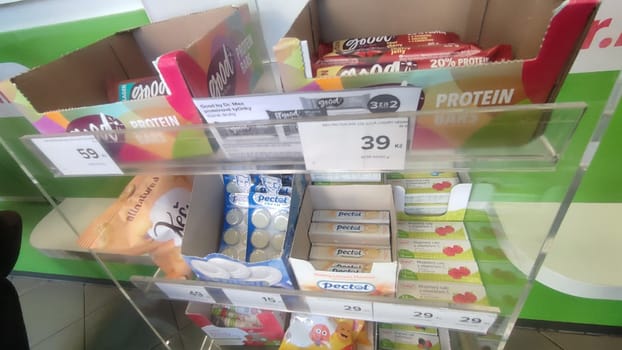 October 22 2024 Hradec Kralove, Czech Republic Europe, Kralov region, Kralovehradecky kraj, Protein bars display food shop shopping store products shop sale market place business commercial editorial objects . High quality photo