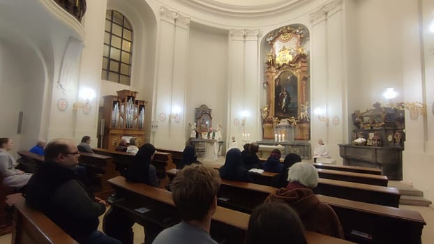 October 22 2024 Hradec Kralove, Czech Republic Europe, Kralov region, Kralovehradecky kraj Church interior service religion architecture indoor travel shotlisttravel place destination objects culture tradition . High quality photo editorial people