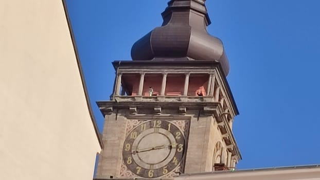 October 22 2024 Hradec Kralove, Czech Republic Europe, Kralov region, Kralovehradecky kraj, Clock tower blue background . High quality photo editorial shotlisttravel travel tourism building architecture street sky outdoor