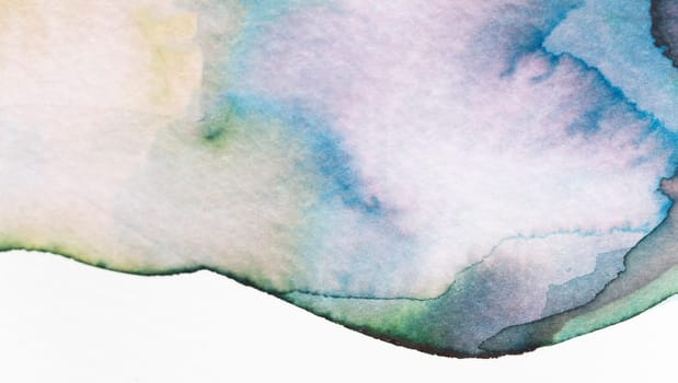 Soft hues of blue, green, and pale yellow blend harmoniously in a watercolor piece, evoking a sense of calm. The flowing shapes suggest distant mountains and clouds in a serene sky.