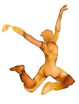 A dancer in mid-air portrays exuberance and freedom, showcasing a vibrant moment of joyful expression. The warm watercolor tones enhance the scene's lively energy and fluidity of movement.