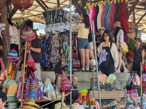Bangkok, Thailand - November 12, 2024: Famous floating market with boats selling food, bustling local bazaar where vendors sell Thai seafood or traditional goods. Authentic cultural experience.