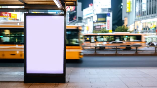 A blank white poster on the bus stop in Japan at night, illuminated by bright lights. The billboard is empty and has no text or images, creating an atmosphere of simplicity and clarity..