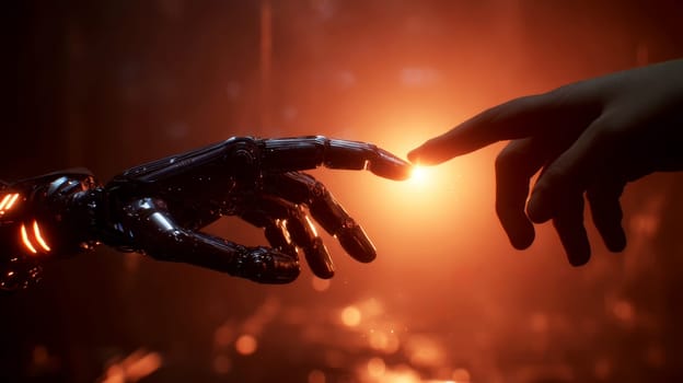 human and robotic hand reaching towards each other symbolizing connection and technology..