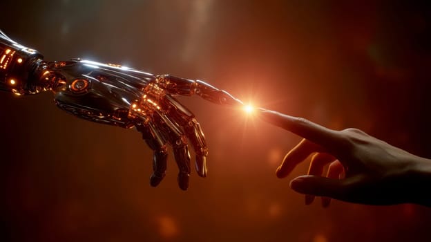 human and robotic hand reaching towards each other symbolizing connection and technology..