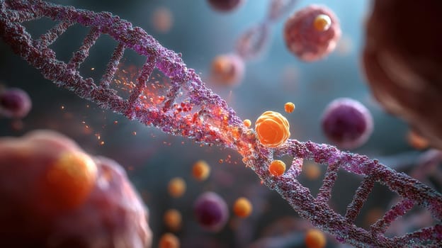 3D rendering of a DNA double helix structure surrounded by healthy immune cells (T-cells and B-cells)..