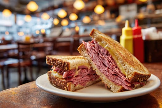 pastrami sandwich on a white plate Restaurant in a diner setting with wooden chairs..