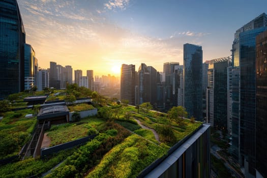 Lush green rooftop garden among skyscrapers in cityscape..