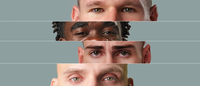 Four distinct close-up portraits showcase the eyes and upper faces of individuals with different skin tones and hairstyles, conveying a range of emotions. The subtle details highlight diversity.