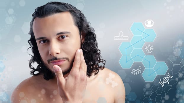 A young man gently touches his face, showcasing an interest in skincare. The background features molecular graphics, emphasizing a connection to health and wellness in a bright environment.