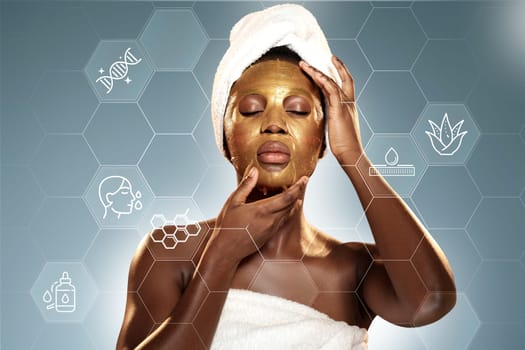 A woman in a white towel applies a gold facial mask while enjoying a moment of self-care at home. Soft lighting creates a serene atmosphere perfect for relaxation.