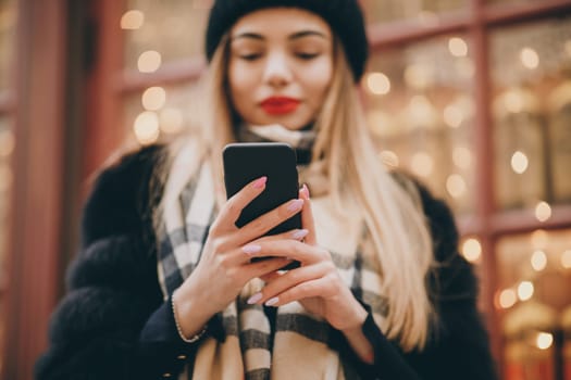 Beautiful female using mobile phone make vlog and live in social media. Women travel. Communication, online shopping, social network concept.