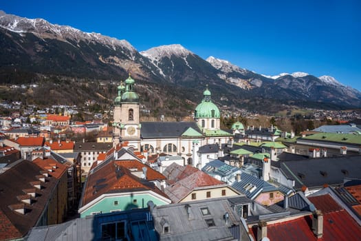 Aerial view of the city Innsbruck and the alps