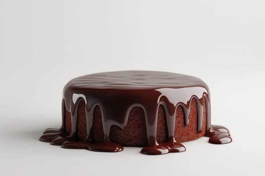 A freshly baked chocolate lava cake sits on a plain surface, with delicious molten chocolate oozing from its center. This dessert creates a tempting visual treat for chocolate lovers.