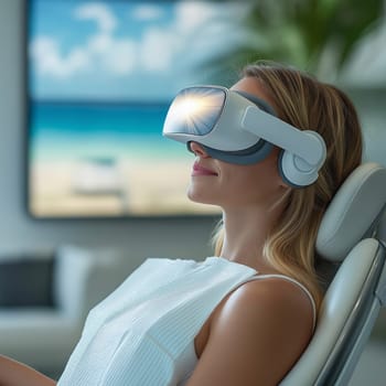 A patient displays anxiety by gripping the chair arms tightly while wearing a virtual reality headset during a dental visit. The dentist nearby prepares to assist, ensuring comfort.
