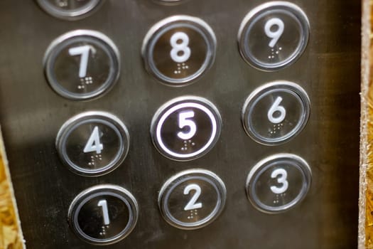 This is a detailed closeup image showing an elevator keypad, where the numbers from 1 to 9 are clearly visible and easy to read