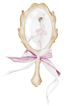 Mirror watercolor with a bow with a reflection of a ballerina. Hand drawn vintage mirror with handle. Clip art of beauty accessory. Perfect for posters, cards and stickers. High quality illustration