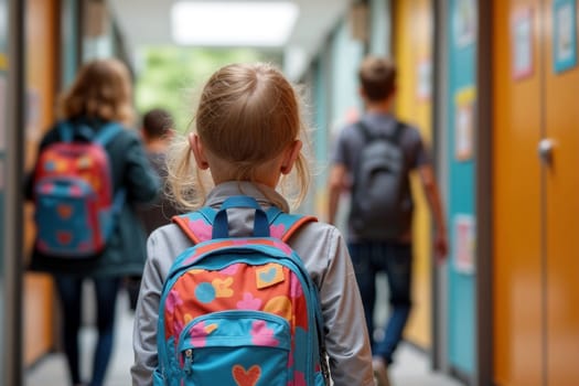 A group of children walk down a brightly colored school hallway, each carrying distinct backpacks. The atmosphere is lively and cheerful, filled with learning. Back to school day. Generative AI.